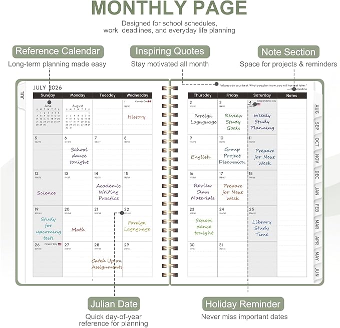 Planner 2026-2027, Weekly and Monthly Academic Year Calendar Planner, July 2026 - June 2027, Daily Agenda Book for Office School Supplies, A5(6.3'' x 8.5'')