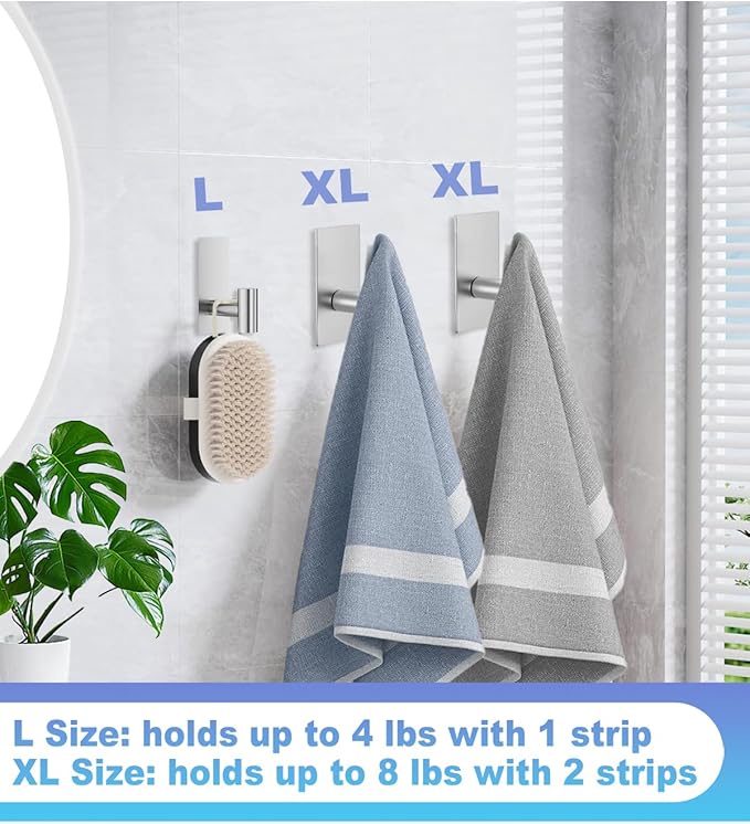 4 Pcs Towel Hooks Heavy Duty for Hanging，Adhesive Wall Hooks with Removable Strips，Sticky No Damage，Outdoor for Bathrooms，Shower，Stockings，Decor，Robe，Large，Silver 304 Stainless Steel