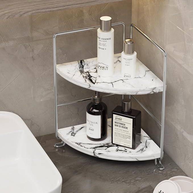 2-Tier Corner Bathroom Organizer, Countertop Perfume Makeup Shelf Cosmetics Storage Shelf Display Rack Vanity Shelf,Kitchen Spice Rack,PP Imitation Marble Design,Tool-Less Install(Silver)