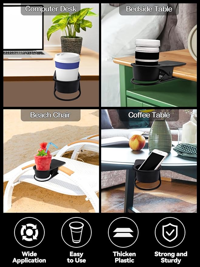 3PCS Drinking Cup Holder Clip, Kalolary Chair Desk Bottle Cup Stand DIY Glass Clamp Storage Saucer Clip for Potted Plant Beverage Soda Coffee Mug Holder Clip for Home & Office (Black)