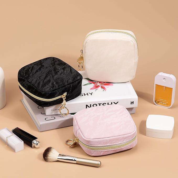 5.5" Small Makeup Bag for Purse, PU Leather Mini Cosmetics Bag with Ring Buckle, Portable Small Travel Makeup Pouch for Women, Birthday/Wedding/Christmas Gifts (Marble, Black)