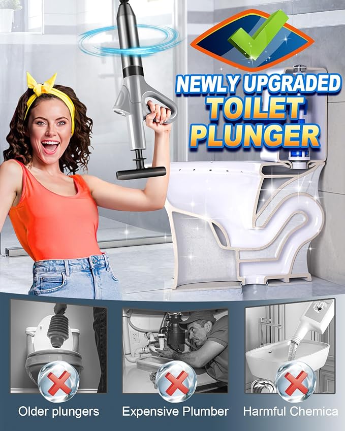 High Pressure Toilet Plunger, Heavy Duty Toilet Auger Air Drains Blaster, Powerful Air Plunger Sink Plungers with Visual Barometer, Drain Clog Remover for Bathroom Floor Drain Clogged Kitchen Pipe