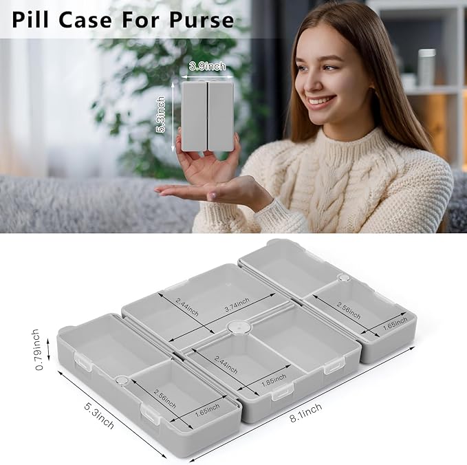 FYY Daily Pill Organizer,7 Compartments Portable Pill Case Travel Pill Organizer,[Folding Design] Pill Box for Purse Pocket to Hold Vitamins,Cod Liver Oil,Supplements and Medication-Grey