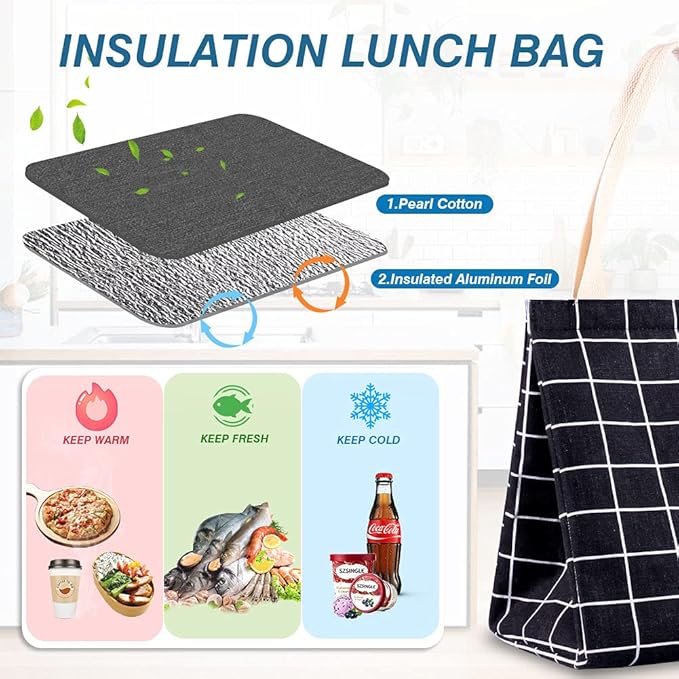iknoe Insulated Lunch Bag for Women & Adults, 9L Foldable Wide-Open Cooler Bag with Pockets, Leakproof & Portable, for Picnic, Office, Beach (Black square)