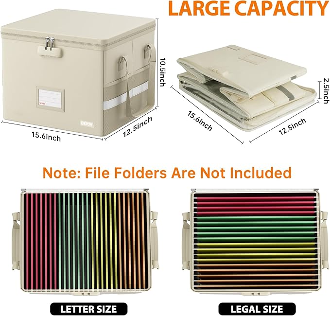 ENGPOW 5200°F Fireproof Document Box with Lock, Heat-Insulated Collapsible File Storage Organizer Box with Handle, Portable Home Office File Cabinet for Hanging Letter/Legal Size Folders, Beige