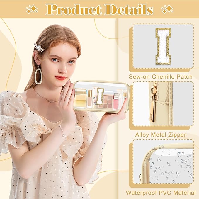 Personalized Initial Letter Clear Makeup Bag, Preppy Small Nylon & PVC Cosmetic Zipper Bag with Chenille Letter, Portable Beach Travel Skincare Toiletry Bag, Trendy Monogram Gift for Teen Girls Women, I