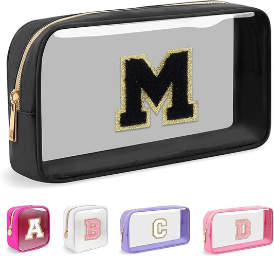 Small Clear Personalized Initial Makeup Bag,Nylon Preppy A-Z Chenille Letter Patch Cosmetic Pouch Beach Toiletry Bag,Waterproof Zipper Travel Purse Storage Bag Organizer for Women Girls(Black-Black M)
