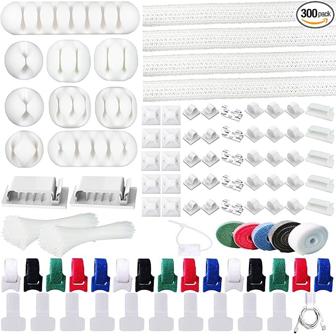 ELII 300PCS Cable Management Kit,4 Cable Sleeve 35 Cable Clips with 11Cord Holders,20 Roll Cable Organizer Straps and 200 Fastening Cable Ties,20 Cable Zip Tie Mounts for Under Desk
