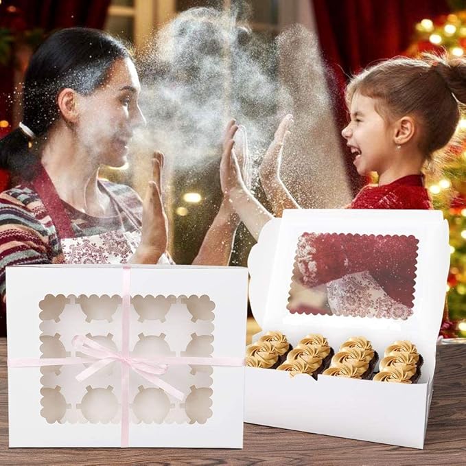 Rarapop 15 Pack Cupcake Boxes Hold 12 Standard Cupcakes, Food Grade Cupcake Holders Bakery Carrier Boxes with Windows and Inserts for Cupcakes, Muffins and Pastries