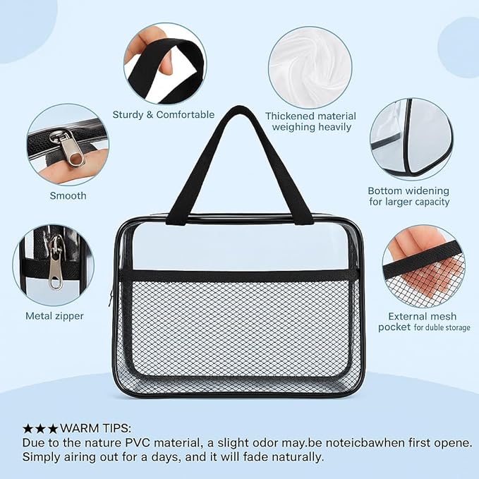 XEWEA 2PCS Middle TSA Approved Clear Travel Toiletry Bags for Men Women, Transparent Makeup Cosmetic Bag with Handle Zipper, Waterproof PVC Quart Organizer Pouch for Airport Airline Essential, Balck