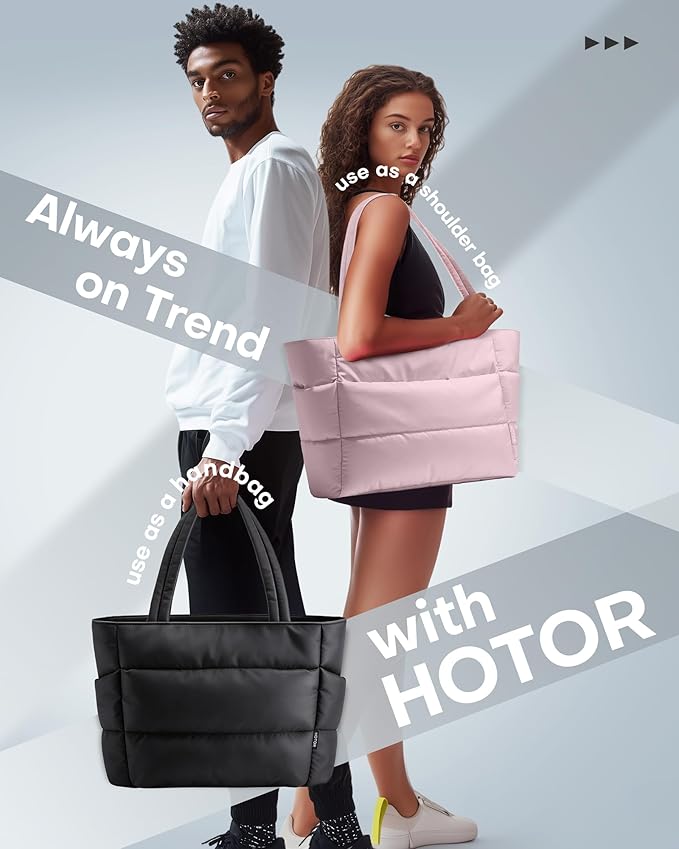 HOTOR Puffer Tote Bag for Women, Nurses - Multi-Pocket Lightweight Bag for Work - Quilted Handbag for Travel and Gym