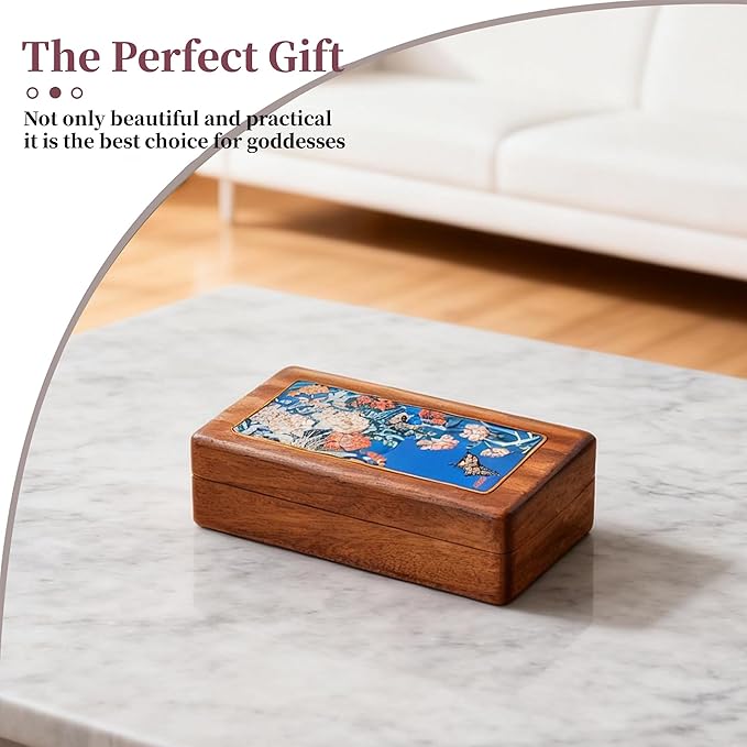 Travel Jewelry Case Small Wood Jewelry Organizer Jewelry Box for Women (Nut-Brown Print F)
