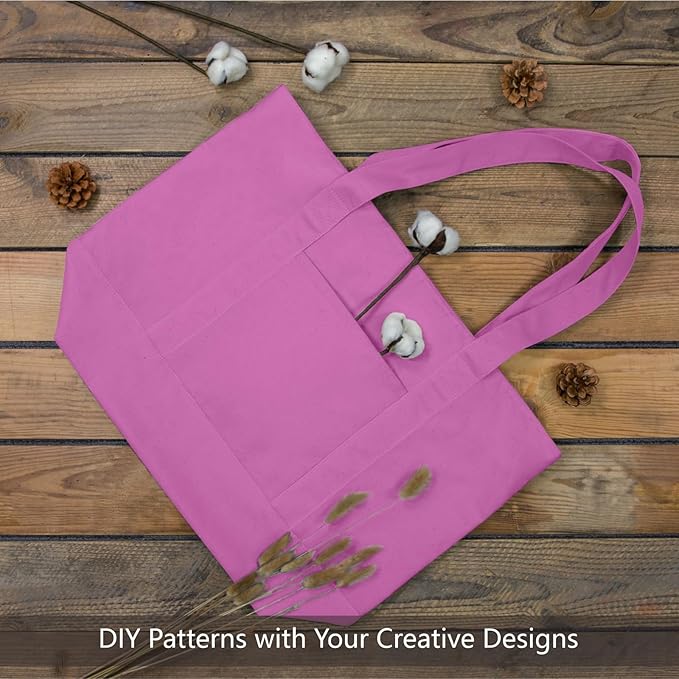 TOPDesign 6-Pack Canvas Tote Bags with an External Pocket, Reusable Grocery Shopping Bags, Top Zipper Closure, Daily Essentials (Light Purple)