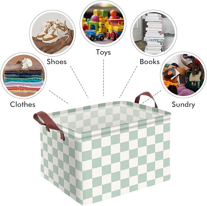 Cyan Checkered Basket Waterproof Canvas Toy Storage Bin Checkered Room Decor Collapsible Outdoor Basket with Leather Handles Cyan Decor Blanket Baskets For Closets,Bedrooms,Gifts Baskets