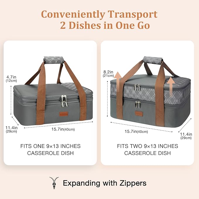 Vuudh Expandable Casserole Carrier Bag - Double Decker Food Bag, Insulated Casserole Carrier for Hot or Cold Food, Lasagna Holder Tote for Picnics,Beaches,Traveling or Gifts