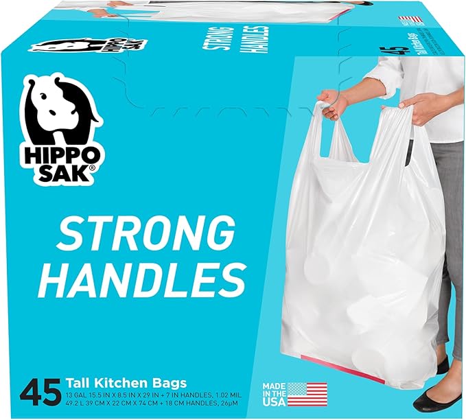 Hippo Sak - Kitchen Trash Bags 13 Gallon - Garbage Bags with Handles - 45 Count