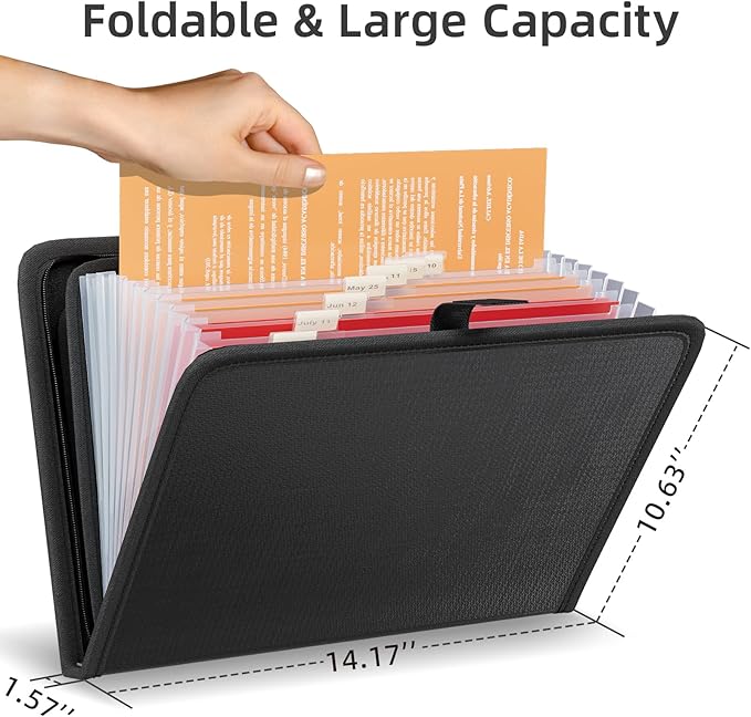 Fireproof Accordion File Organizer, Portable Expanding File Folder with Waterproof Zipper&Labels, Black Document Organizer with 13 Pockets, File Organizer for Important Document/Paper Storage