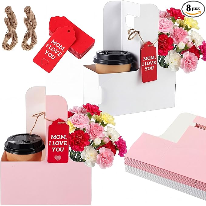 MotiMind 8 Pack Mother's Day 2 Cup Drink Carrier with Handle, Kraft Paperboard Teacher Cup Holder Portable for Hot Cold Drinks, Coffee Carrier Gift with Heart Card Rope (White,Pink)
