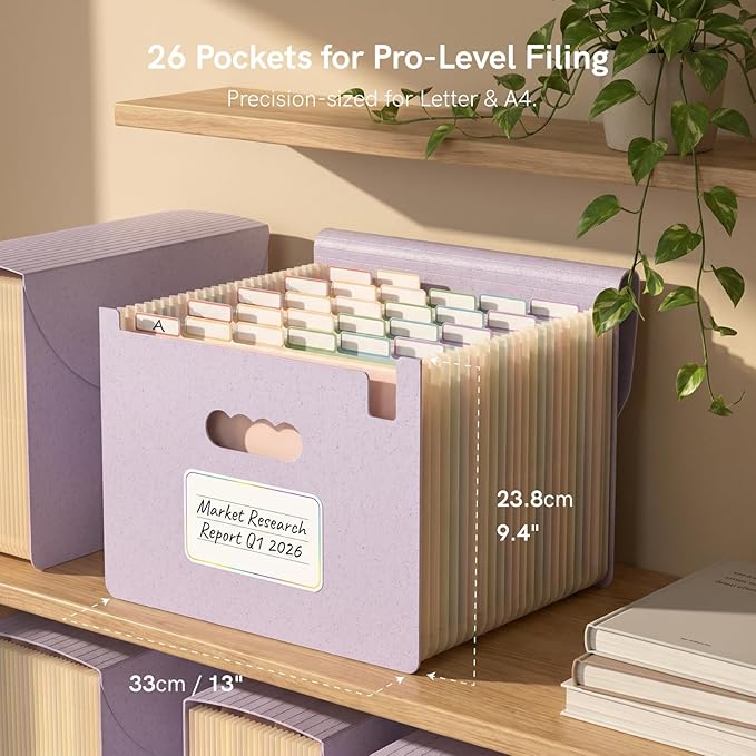 ABC life 26 Pockets Accordion File Organizer, High Capacity Expanding File Folder for Letter A4 Size, Portable Document Holder with A-Z Tabs for Tax Receipt, Teacher & Home Office -Dusty Lavender