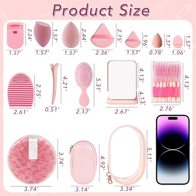 Travel Makeup Brush Set, 77Pcs Mini Makeup Kit Synthetic Foundation Concealers Eye Shadows Brushes Powder Puff with Eyelash Curler Eyebrow Razor Comb Mirror Hair Clips Cosmetic Bag (Pink)