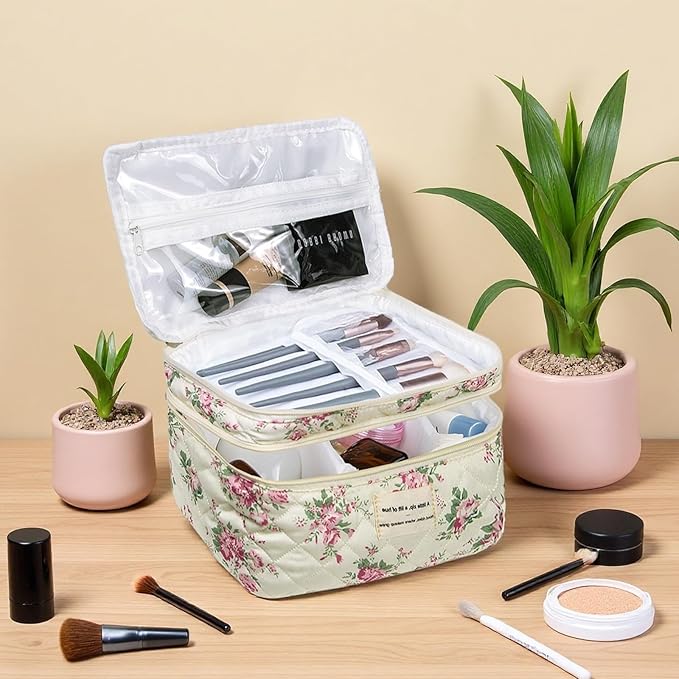 Large Quilted Makeup Bag, Large Floral Cosmetic Bag for Women, Cute Cotton Makeup Bags, Flower Travel Toiletry Organizer Bag (Pink Flowers)