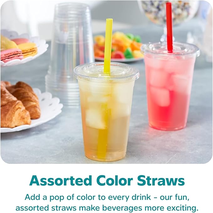 GUSTO [20 oz. - 100 Count Clear Cups with Flat Lids & Straws - Disposable Clear Drinking Cups for Iced Coffee, Cold Drinks, Milkshakes, and Smoothies - (Formerly Comfy Package)