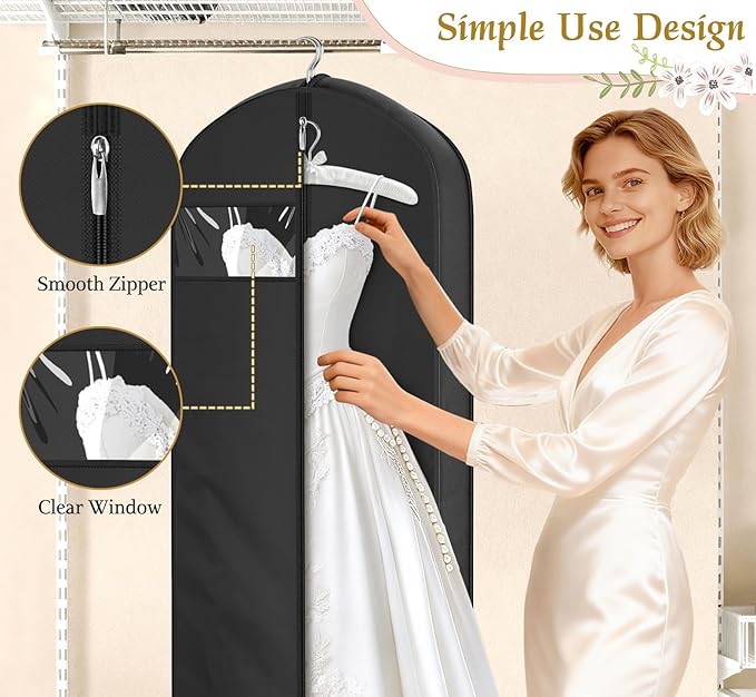 KEETDY 65" Wedding Dress Garment Bag for Travel with 4" Gusseted Long Hanging Dress Bags for Gowns for Women Garment Cover Clothes Storage for Closet, Black