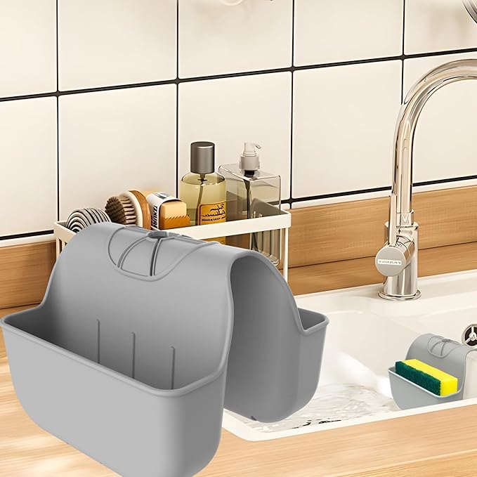 Sponge Holder for Kitchen Sink, Silicone Sink Saddle Caddy Organizer Rack, Sponges Holder Over Faucet, Hanging Kitchen Sink Organizer Organizer Accessories Rack Basket - Grey