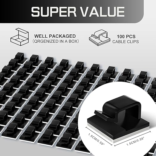 100PCS Cable Clips, Adhesive Wire Clips Strong Cord Clips Wire Holders, Cable Management Clips for Desk, Wall, Car, TV, Ethernet Cable (Black, Small)