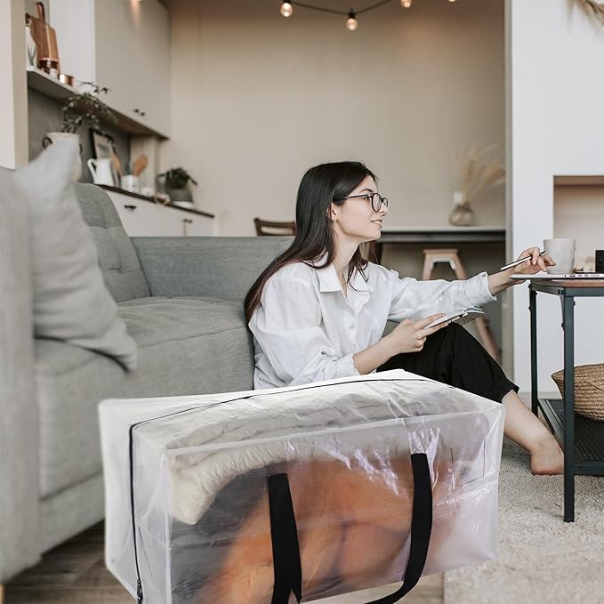 8 Pack Heavy Duty Extra Large Moving Bags with Black Handles, Waterproof Foldable Storage Totes,Clothing Storage Bags,Packing Moving Boxes for College Supplies & Seasonal Storage,Clear