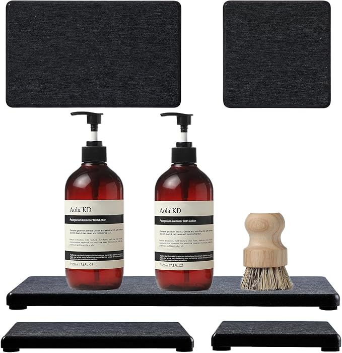 3PCS Water Absorbing Soap Dish Sponge Holder, Diatomite Stone Drying Tray Mat Sink Caddy for Kitchen Counter & Bathroom, Small Stone Bath Mat Faucet Accessories Organizer Protector, Dark Gray, 9"x 3.5"