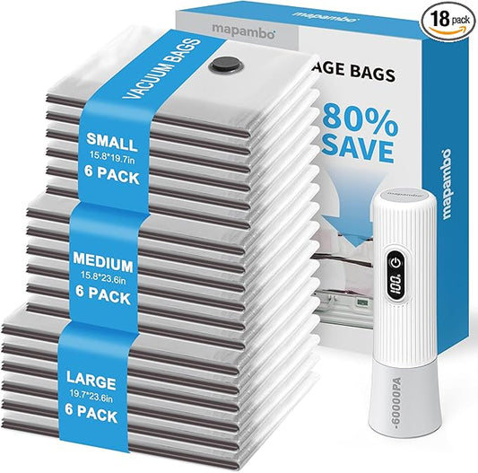 Mapambo Travel Vacuum Bags with -60000Pa LED Electric Pump, 18 Pack Vacuum Seal Bags for Clothing Travel in 3 Combo sizes, Space Saver Vacuum Storage Bags, Saving up to 80% of Space (18 Combo)