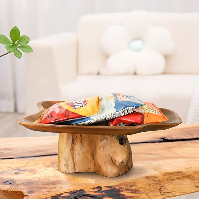 Decorative Bowl for Tabletop Decor, Live Edge Serving Tray with Base, Home Centerpiece Decor, Teak Wood