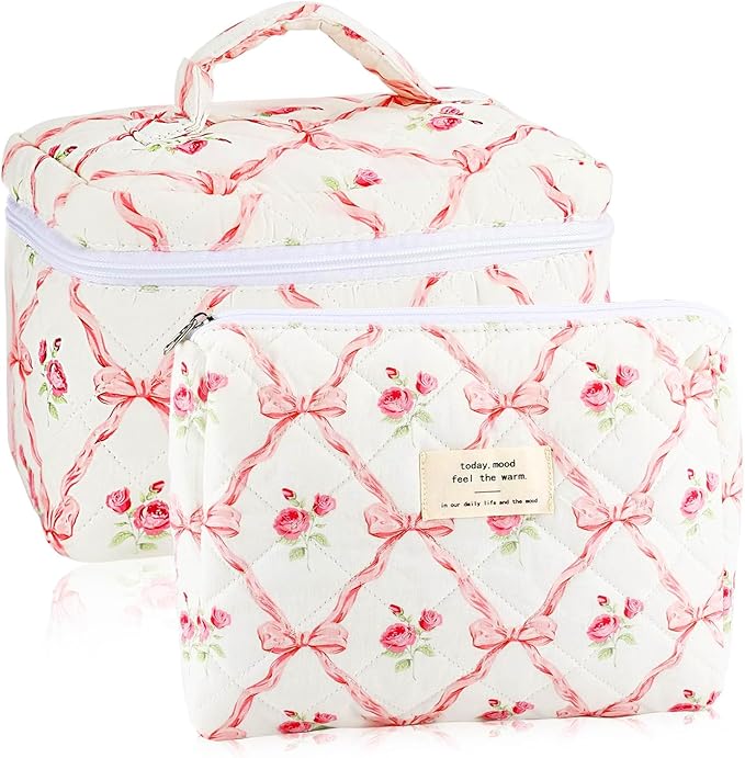 2Pcs Cotton Quilted Makeup Bag for Women Girls Large Small Travel Floral Cosmetic Bags Set Cute Coquette Pink Makeup Pouch for Purse Aesthetic Cloth Flower Storage Toiletry Bag Organizer