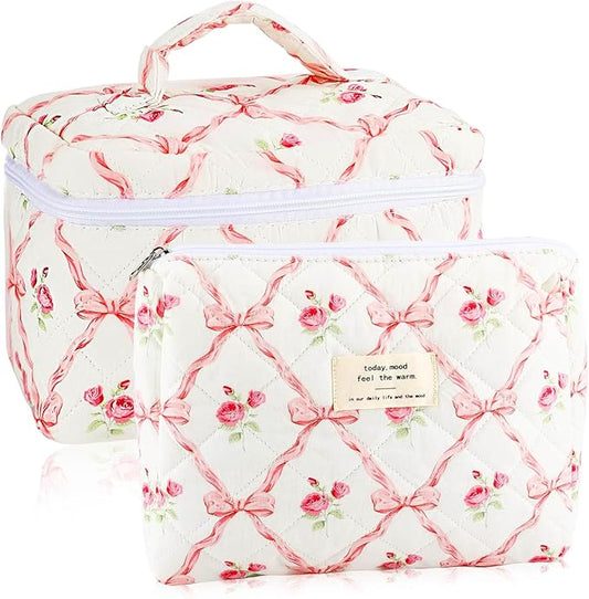 2Pcs Cotton Quilted Makeup Bag for Women Girls Large Small Travel Floral Cosmetic Bags Set Cute Coquette Pink Makeup Pouch for Purse Aesthetic Cloth Flower Storage Toiletry Bag Organizer