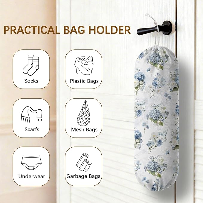 Plastic Bag Holder Dispenser, Floral Plastic Grocery Bag Organizer & Wall Mount Paper Trash Bags Saver Storage for Kitchen Home Pantry Decor, Hydrangea Floral Kitchen Decor