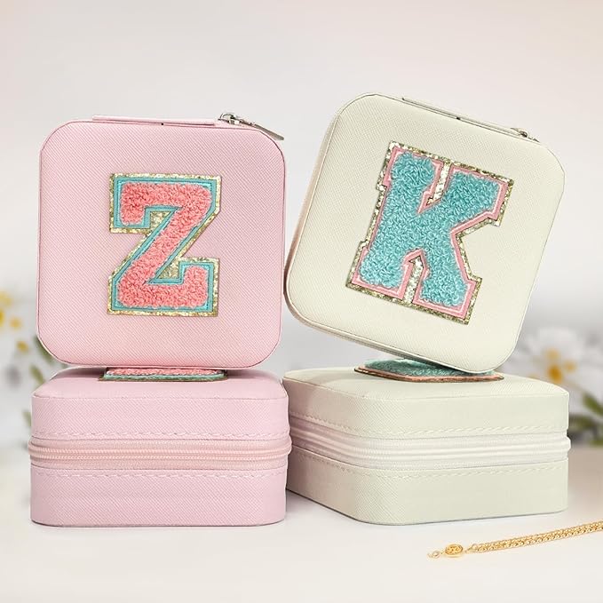 SANDJEST Personalized Jewelry Box, White Travel Jewelry Box with Initial K, Small Monogrammed Jewelry Case Organizer for Girls Women Teen Kids, Mini Travel Essentials Gifts for Birthday Christmas