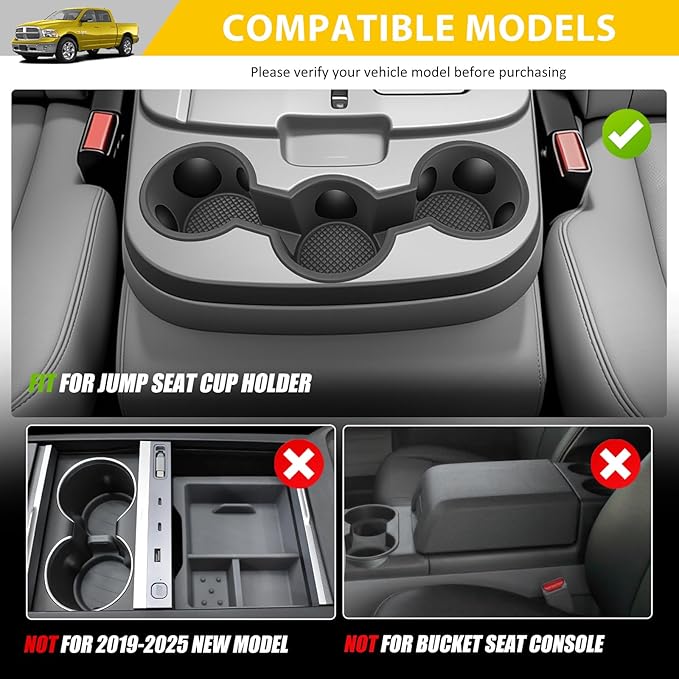 Jump Seat Cup Holder for 2013-2018 Dodge Ram 1500 2500-5500 & 2019-2025 Classic Models(NOT New Body) Center Console Cup Holder Insert Cupholder Coaster Liner Accessories(Jump Seat Only)
