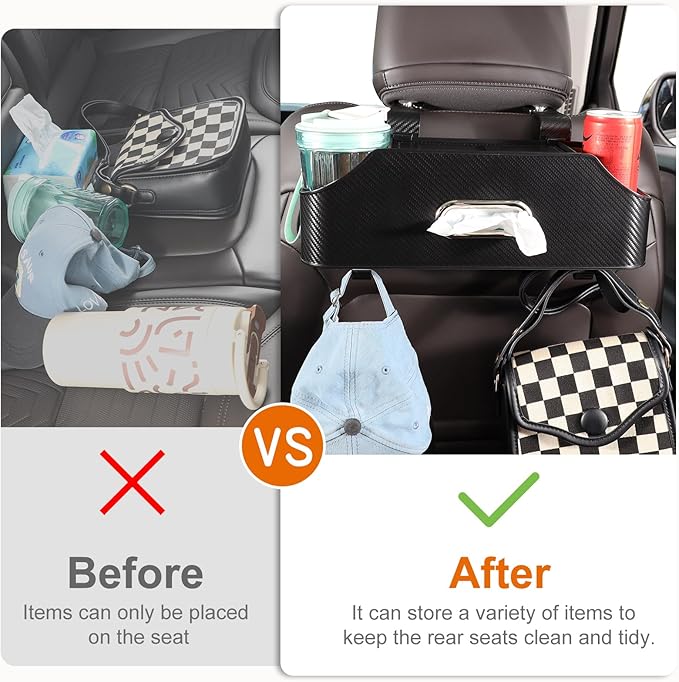 Sancaral Car Rear Backseat Extra Multifunctional Drink Cup Holder Organizers with Tissue Storage Box Organizer & Hooks for Car Seat Back. imitation carbon fiber texture