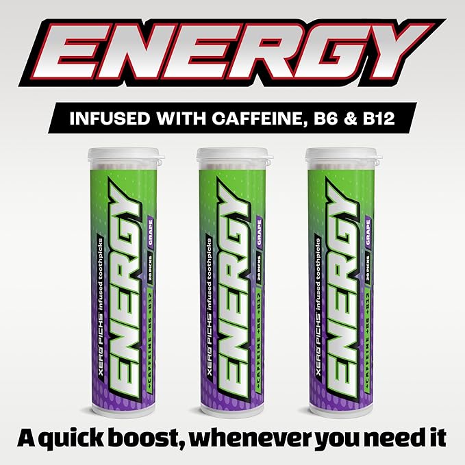 Xero Picks Energy Caffeine Flavored Toothpicks B12 for Focus & B6, 60 Picks (Pack of 3) (Grape) Sugar-Free Alternative to Energy Mints & Gum - Kosher