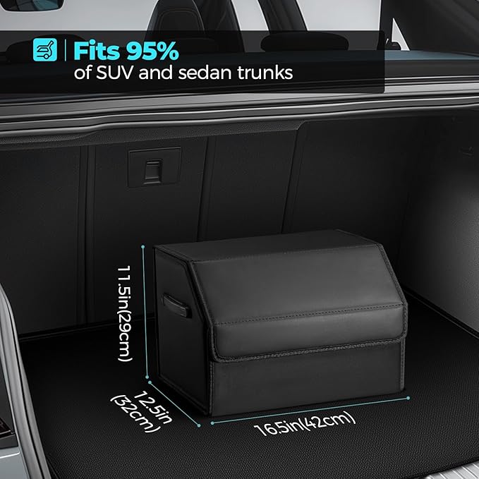 Fyzeoty Car Organizers for Trunk for SUV Sedan, Leather Storage Box, Magnetic Lid, Collapsible and Adjustable, 16.5 inches