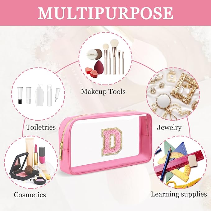 Small Clear Personalized Initial Makeup Bag,Nylon Preppy A-Z Chenille Letter Patch Cosmetic Pouch Beach Toiletry Bag,Waterproof Zipper Travel Purse Storage Bag Organizer for Women Girls(Pink-Pink D)