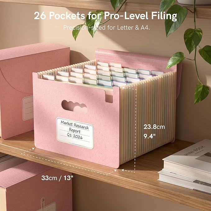 ABC life 26 Pockets Accordion File Organizer, High Capacity Expanding File Folder for Letter A4 Size, Portable Document Holder with A-Z Tabs for Tax Receipt, Teacher & Home Office - Blush Pink