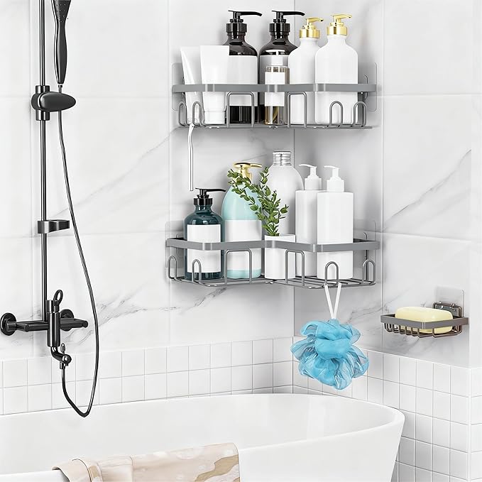 Moforoco Corner Shower Caddy Shelf Organizer Rack, Self Adhesive Black Bathroom Shelves Basket, Home Wall Shower Inside Organization and Storage Decor Rv Accessories, First Apartment Essentials (Grey)