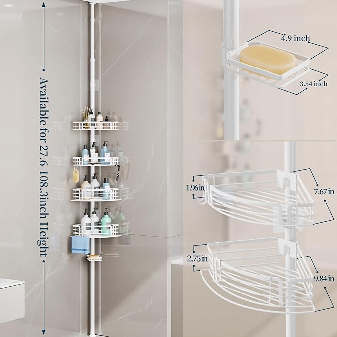 Consumest Shower Caddy Tension Pole - Adjustable Corner Shower Organizer with Soap Holder, Bath Shelves for Bathroom Storage, 27.6-108.3 inch, White