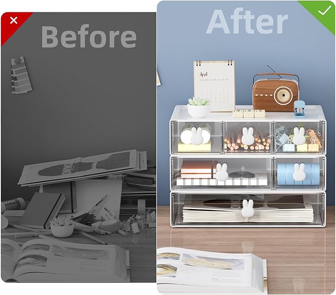 Marbrasse Desk Organizer with 6 Drawers, 3 Tier Stackable Storage Drawers Plastic Makeup Storage, Office Organizers and Storage, Desk Storage Box for Office, School, Home