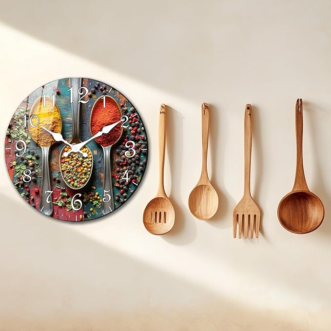 10 Inch Spice Themed Wall Clock for Kitchen – Rustic Vintage Battery Operated Wall Clocks, Silent Analog Wall Clock Non Ticking Decorative for Farmhouse Dining Room Living Room Accent
