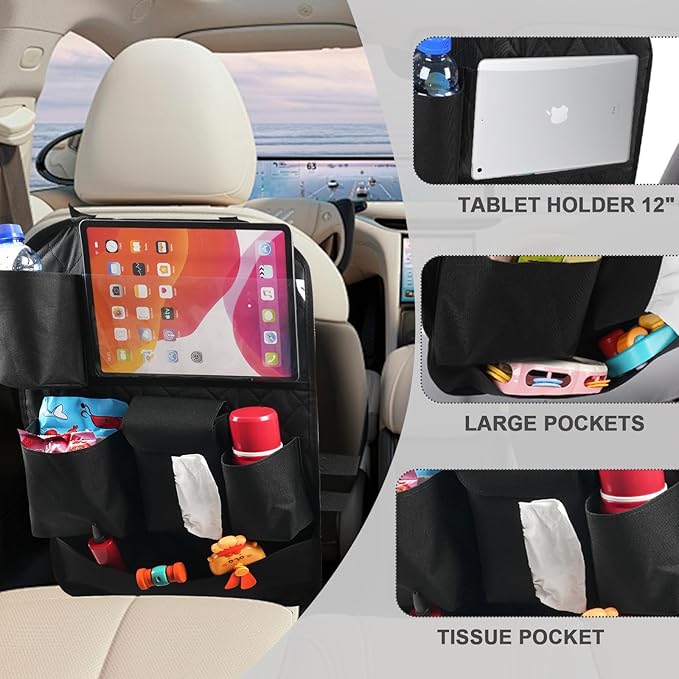 Car Seat Organizers, Multi-functional Back Seat Protectors, Storage Pouches, Child Kicking Prevention and Tray Holders Kick Mats Back (for Cars, Kids, and Rear Seats) (Black, 2 Pack)