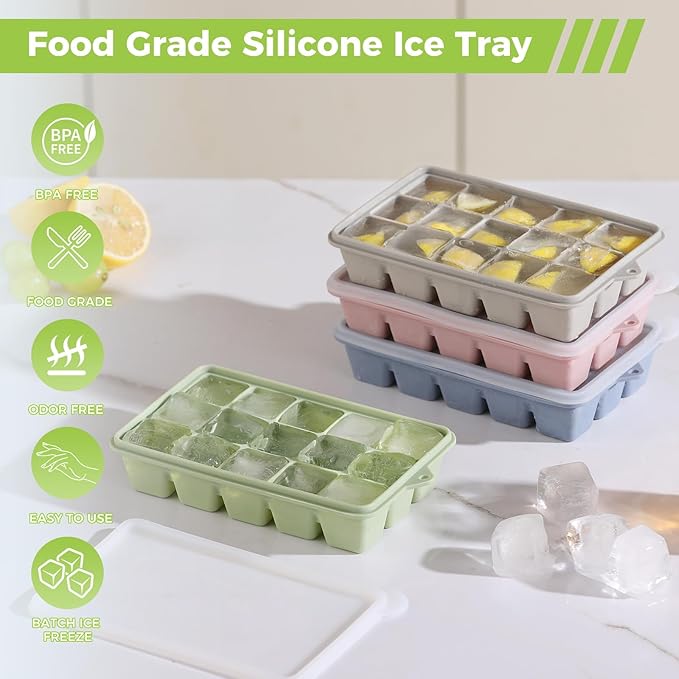 Silicone Ice Cube Trays with Lid, Set of 4, Easy Release Ice Molds, Reusable and Stackable Ice Trays for Freezer for Cocktail, Whiskey, Baby Food, BPA Free (multicolour)