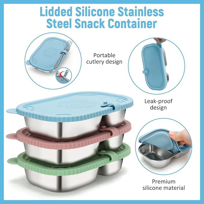 3 Pack Stainless Steel Snack Containers, 2 Compartment Snack Containers with Leakproof Silicone Lids, Divided Meal Prep Lunch Box Food Container for Travel, Outdoor, Camping (15.84 OZ)